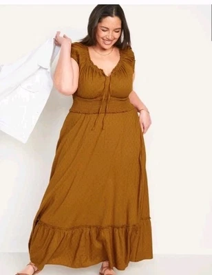 Old Navy Waist-Defined Puff-Sleeve Clip-Dot Midi Boho Dress Brown Size 4X NEW! - Image 1 of 4