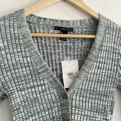 Cardigã Forever 21 verde manga longa cropped suéter pequeno com nervuras feriado novo - Imagem 1 de 4