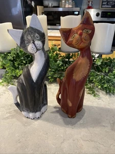 Vtg Two 10”, 9”Hand Carved Hand Painted Anthropomorphic Cat Figurine Mid Century - Picture 1 of 10
