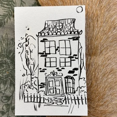 Old House Black & White Ink Drawing ACEO by Lizz 2.5x3.5 Original Art Card - Image 1 of 2