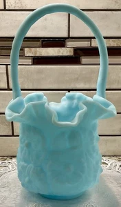 Vintage Fenton Aqua Blue Satin Basket Poppy Glass Ruffle Edge - Picture 1 of 11