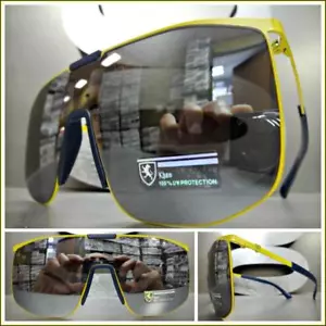 RETRO SHIELD Style Party Rave Club DJ SUN GLASSES Yellow Frame Flat Mirror Lens - Picture 1 of 7