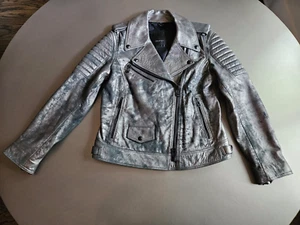 Giacca da motociclista Belstaff asimmetrica in pelle argento metallizzato; taglia = 44 (media) - Foto 1 di 14