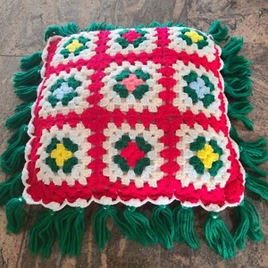 Handmade Crochet Granny Square Throw Pillow with Tassels 17" X 17" Vintage USA - Picture 1 of 4