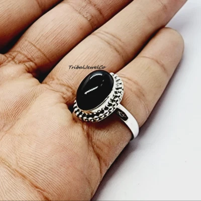 Oval Black Onyx Ring 925 Sterling Silver Ring Handmade Statement Band All Size - Image 1 of 4