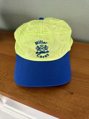 РЕДКАЯ ВИНТАЖНАЯ Miller Подлинная Черновая Шапка Бейсболка Бейсболка Желтый Зеленый Нейлон «Miller Cares» - Изображение 1 из 4