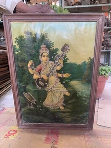 Antique Goddess Saraswathi Ornate with Beads Lithograph Print Wooden Framed - Picture 1 of 8