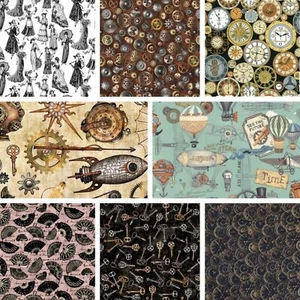 100 % Baumwolle Stoff Fat Quarters - viktorianische Uhr Ballon Fan Steampunk Dame - Bild 1 von 14