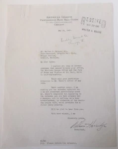 Carta firmada por el presidente de la Liga Americana de William Harridge 1941 a Walter Briggs - Imagen 1 de 2