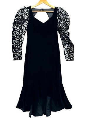 Vestido de graduación de los años 80 vintage talla 9-10 negro terciopelo plateado lentejuelas sirena ojo de cerradura Foto 1 de 4