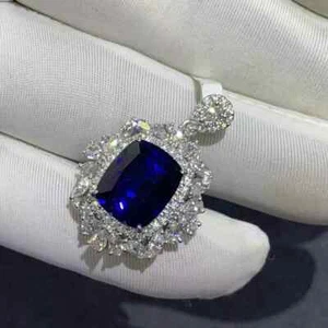 3 Ct Cushion Cut Lab-Created Blue Sapphire Halo Pendant 18"14K White Gold Plated - Picture 1 of 5