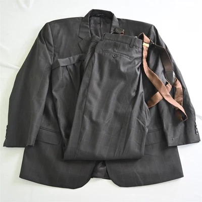 Joseph & Feiss 52R 38x29 Brown Windowpane 100% Wool Mens Jacket Pants Suit - Image 1 of 4