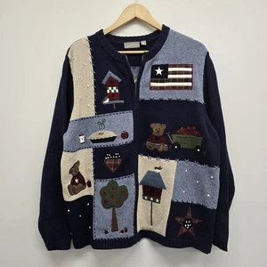 VTG Croft & Barrow Full Zip Sweater 1X Americana Academia Flag Apple Pie Bear - Picture 1 of 8