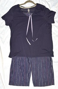 Hue Women's Size XL 2-piece Navy Blue S/S Pajamas- Solid Top, Stripes on Pants - Picture 1 of 9