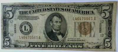 1934 $5 Hawaii WWII Emergency Issue FR-2301m Mule Note L46470561A - Image 1 of 4