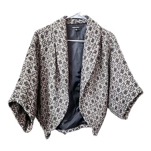 Rafaella Studio Jacket Size L Black Tan Diamond Medallion Print Shrug Cropped - Picture 1 of 6
