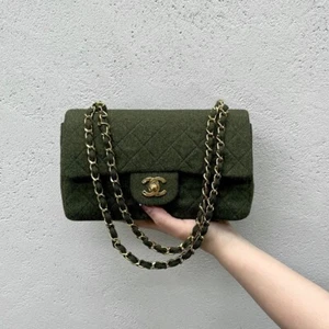 RARE☆☆☆☆Auth CHANEL Woollen Classic Flap 23 cm Chain Shoulder Bag Dark Green - Picture 1 of 12