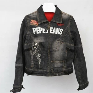 Pepe Jeans PLJ-73 schwarz Distressed Denim Nieten Aufnäher Tasche Jeansjacke Damen M - Bild 1 von 6