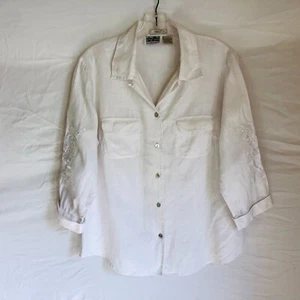 Edward 100% Irish Linen White Button Front Blouse Top Embroidered Women's Medium - Picture 1 of 4