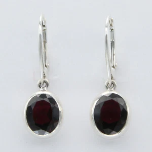 925 Sterling Silver - Red Oval Garnet Leverback Drop / Dangle Earrings - Picture 1 of 12
