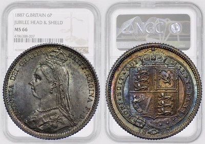 Великобритания, Виктория, шесть пенсов 1887, щит, красиво тонированный, NGC MS 66 - Изображение 1 из 4