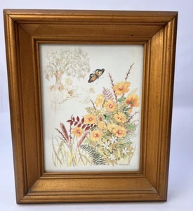 70s Home Interiors Wood Gold Framed Gloria Eriksen Print Floral Butterfly 11x13” - Picture 1 of 12