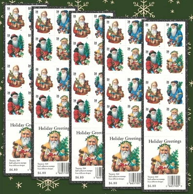 #3537-3540 Holiday Greetings Santa Claus 34¢ - 5 Booklets x20 = 100 Stamps FV$34 - Image 1 of 4