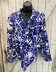 Chico's Black Label Blue & White Open Draped Lined Jacket Size 1 
