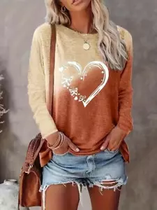 Fashion Women Heart Butterfly Print Round Neck T-Shirt Casual Long Sleeve Yellow - Picture 1 of 2