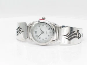 Native American Navajo Handmade Sterling Silver Overlay Lady’s Watch Tips - Picture 1 of 8