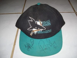 Vintage NHL San Jose Sharks LOGO Snapback Cap Hat signed with 2 autographs - Picture 1 of 1