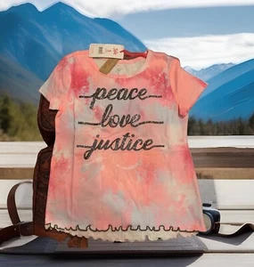 JUSTICE Size Small 7/8 Flash Pink Peace Love Justice Lettuce Hem Tee NEW TAGS - Picture 1 of 3