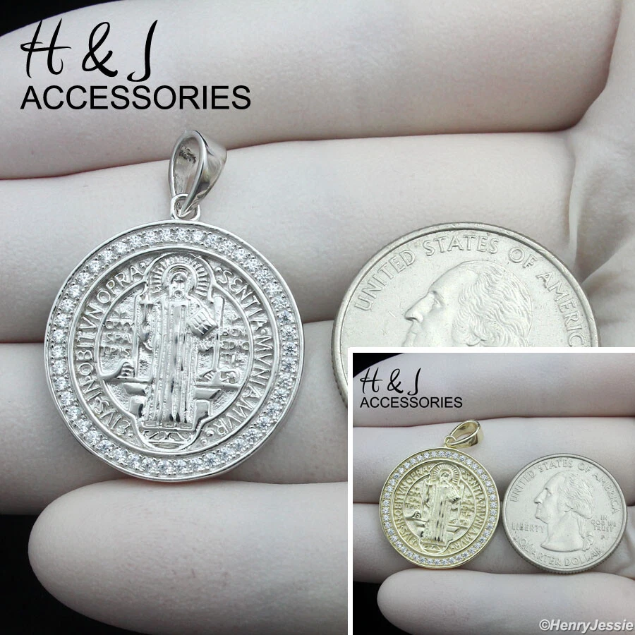 MEN 925 STERLING SILVER ICY CZ GOLD PLATED/SILVER SAINT BENEDICT PENDANT*ASP454 - Image 1 of 1