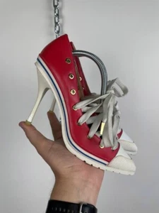 Moschino Italy Leather Pumps Heeled Sneakers Red White Lace-Up Size 39 US 8.5 - Picture 1 of 17