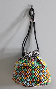 Vintage mehrfarbig Candy Dot Perlen Kordelzug Handtasche Retro Boho - Bild 1 von 5