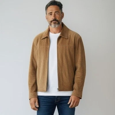 Roundtree & Yorke Suede Leather Jacket XXL Tan Zip Front Classic Look NEW - Image 1 of 4