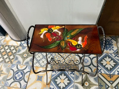 Vintage Vallauris La Grange Ceramic Tile Side Table Magazine Rack Black Metal - Image 1 of 4