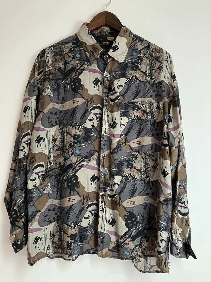 Camisa Vintage M Estampada 100% Seda - Abstracta, Posmoderna, Patrón Años 90 Foto 1 de 4