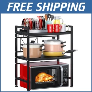 Heavy Duty Black Microwave Rack with Hooks - 3-Tier Adjustable Shelf for Kitchen - Picture 1 of 9
