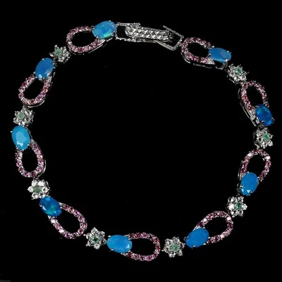 Armband 925 Sterling Silber Oval Blauer Opal 6x4mm Smaragd Schmuck 7in - Bild 1 von 4