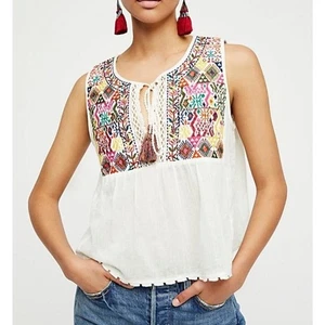 Free People White Embroidered Floral Flowy Lohri Tank Top Sz S N - Picture 1 of 8