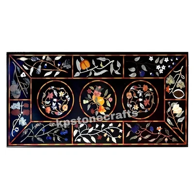 Custom Black Marble Dining Table Top | Semi-Precious Stone Inlay | Luxury Garden - Image 1 of 4