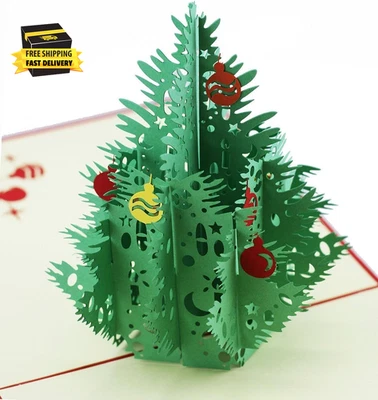 3D Pop up Christmas Tree Greeting Cards, Laser Cut Card with Envelope for Xmas a