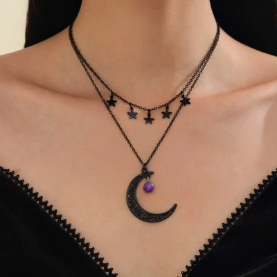 Women's Gothic Moon Pendant Collarbone Chain Star Alloy Double Layer Necklace - Image 1 of 4