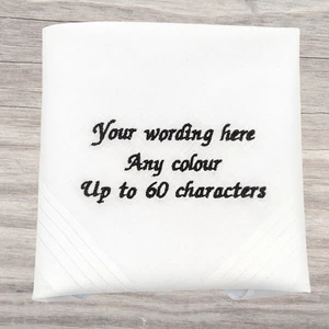 Personalised Handkerchief Embroidered Wording Up to 60 Letters White 100% Cotton - Picture 1 of 9