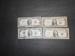 VINTAGE PAPER MONEY U.S 2 ONE DOLLAR NOTES & 2 TWI DOLLAR NOTES LOOK - Picture 1 of 6