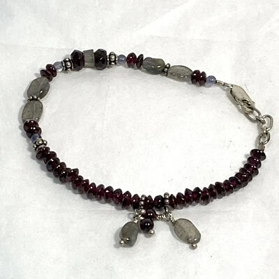 Brazalete artesanal de plata de ley con cuentas de vidrio piedra roja 925 colgante 8" Foto 1 de 4