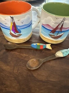 2 Beautiful New Punta Cana Coffee Mugs Cups Fish Wood Spoon Souvenirs 11 Oz - Picture 1 of 7