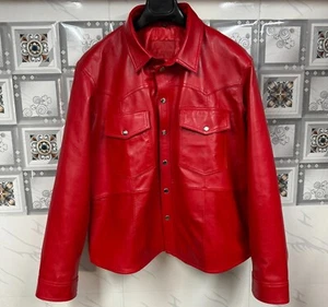 Formal Genuine Leather Classic Lambskin Red Men Stylish Casual Handmade Shirt - Picture 1 of 9