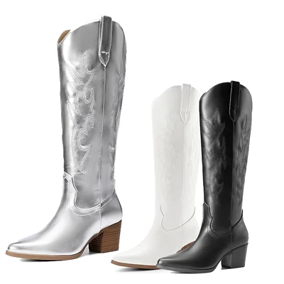 Mujeres Botas de Vaquero del Oeste Tacón Grueso Bajo Punta Punta Botas hasta la Rodilla Foto 1 de 4